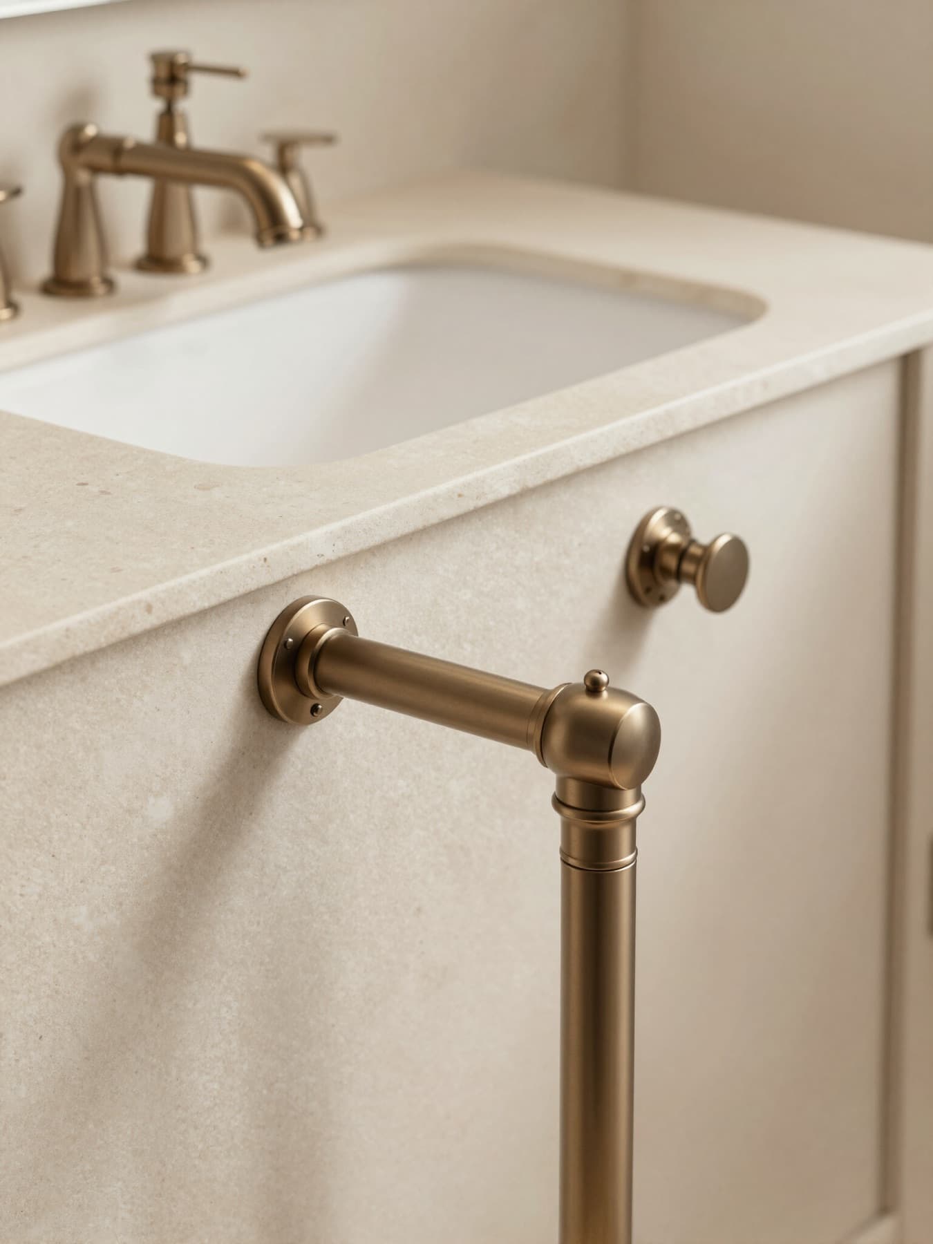 Polished brass faucet on a stone vanity