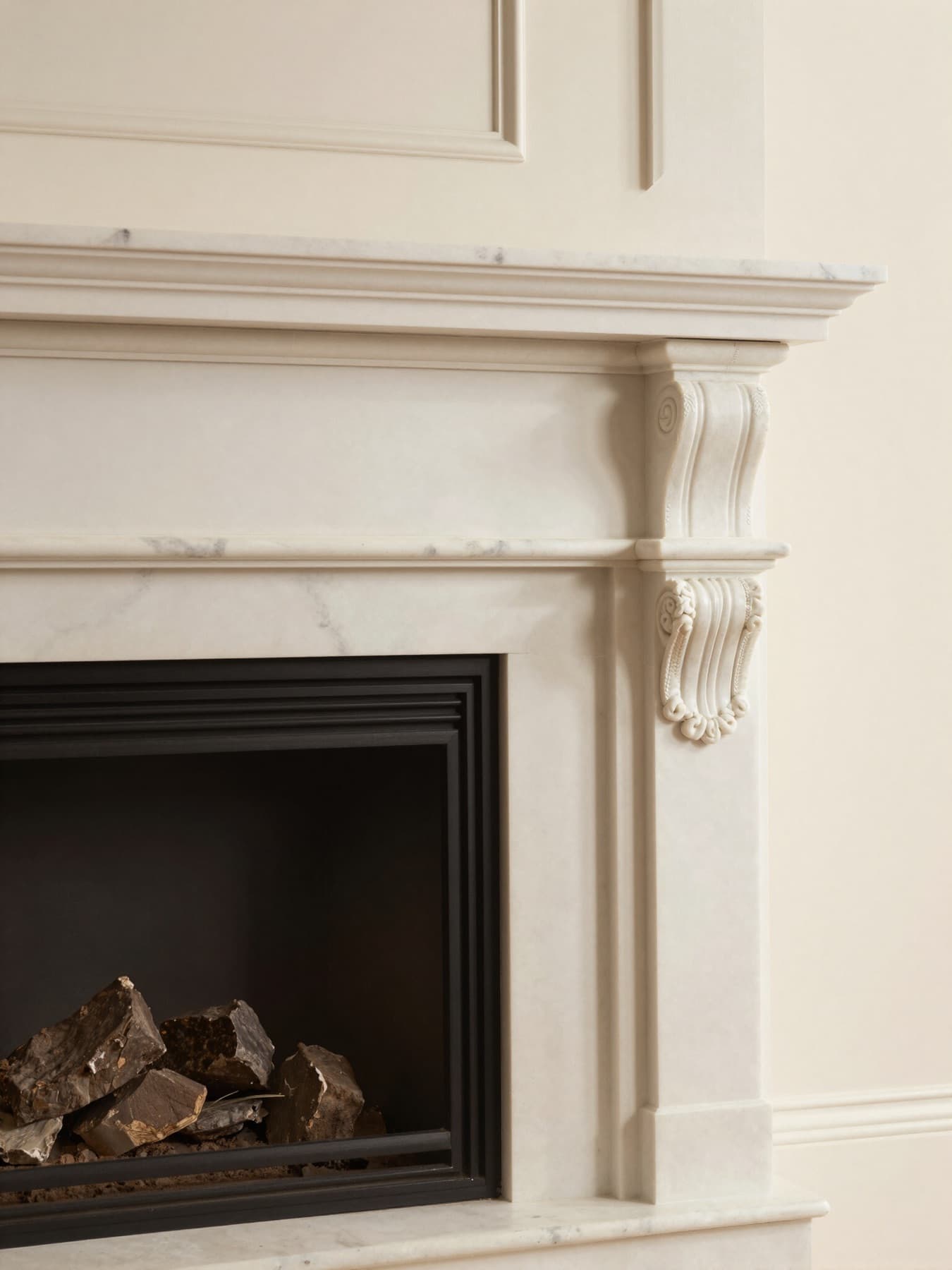 Spotless white marble fireplace
