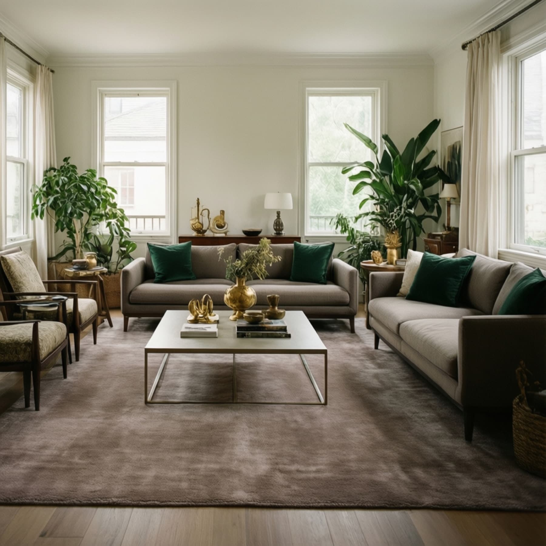 Staged living room with sage accents and brass details