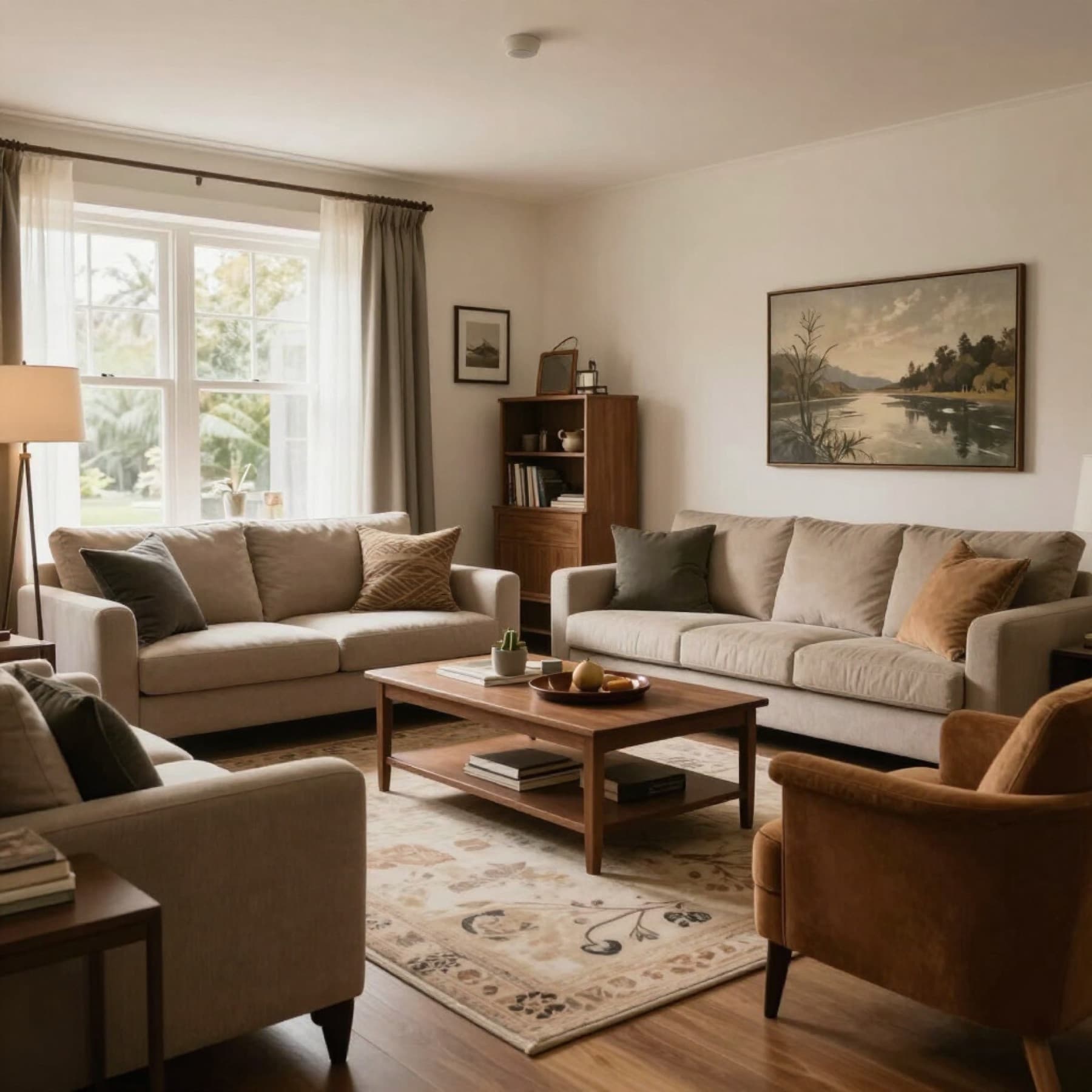 Cozy, styled family living room with layered textiles