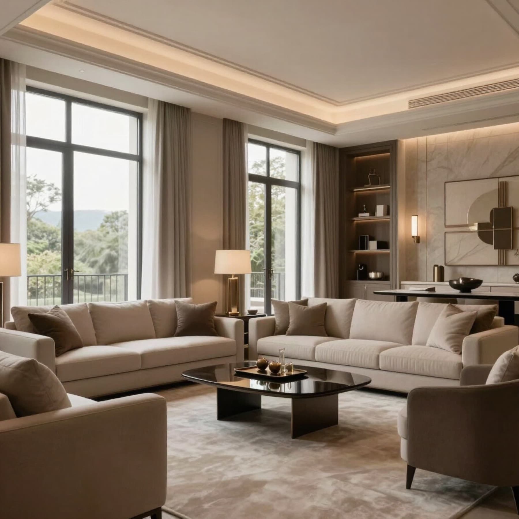 Elegantly staged living room with neutral sofas and warm lighting
