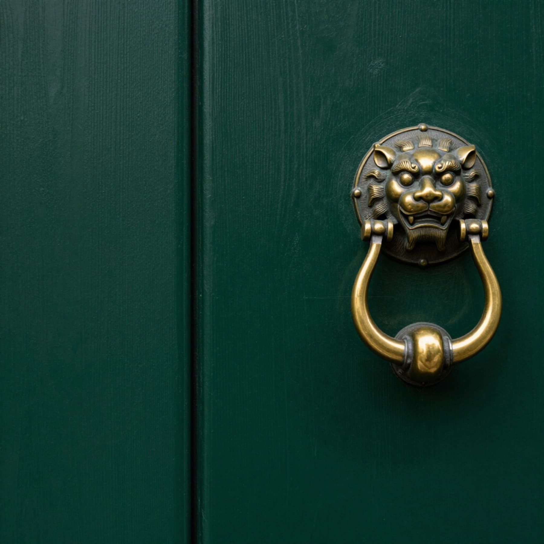 Brass lion knocker on a deep green front door