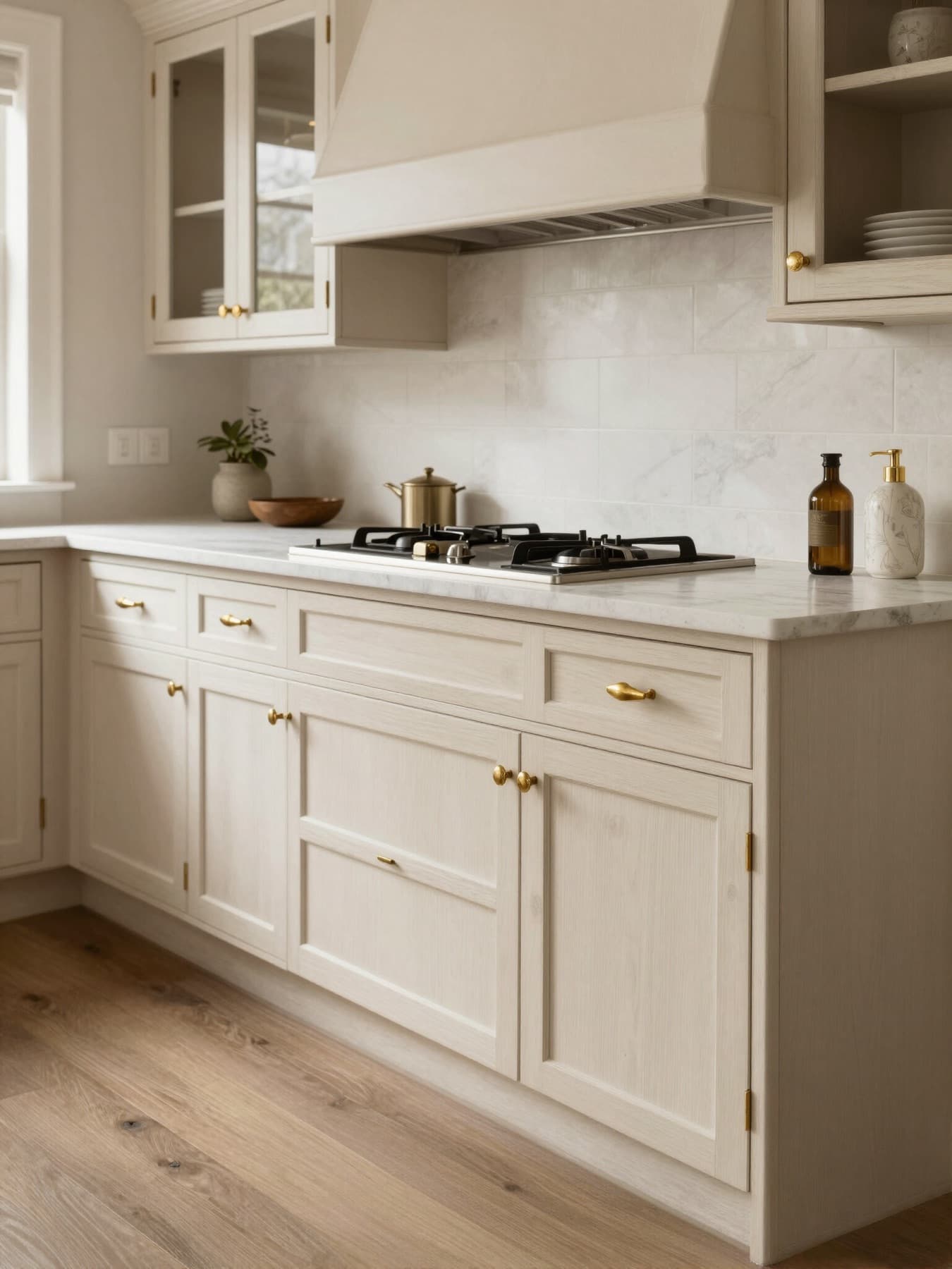 Clean cream kitchen with marble counters
