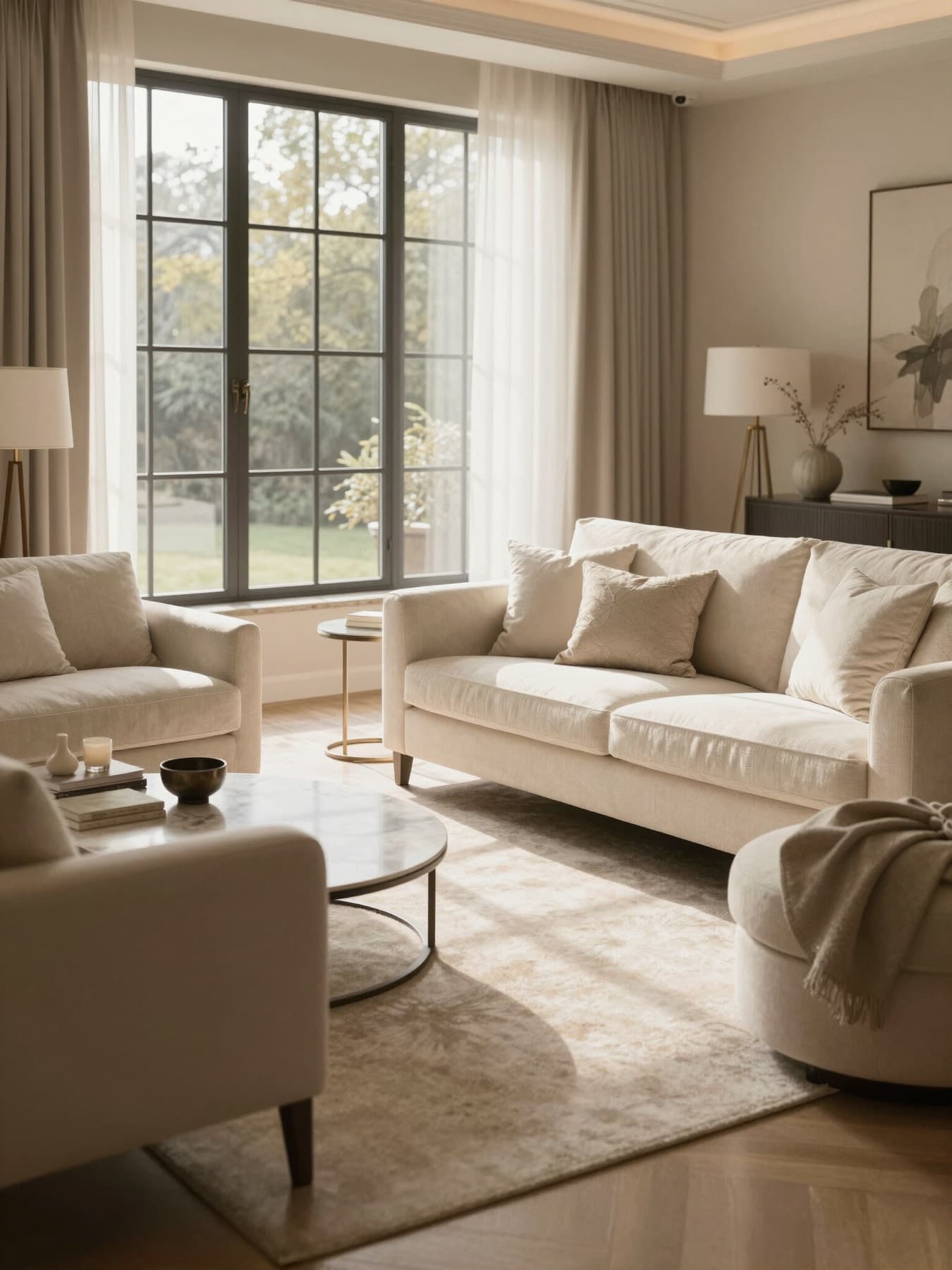 Sunlit, freshly styled living room with cream sofas