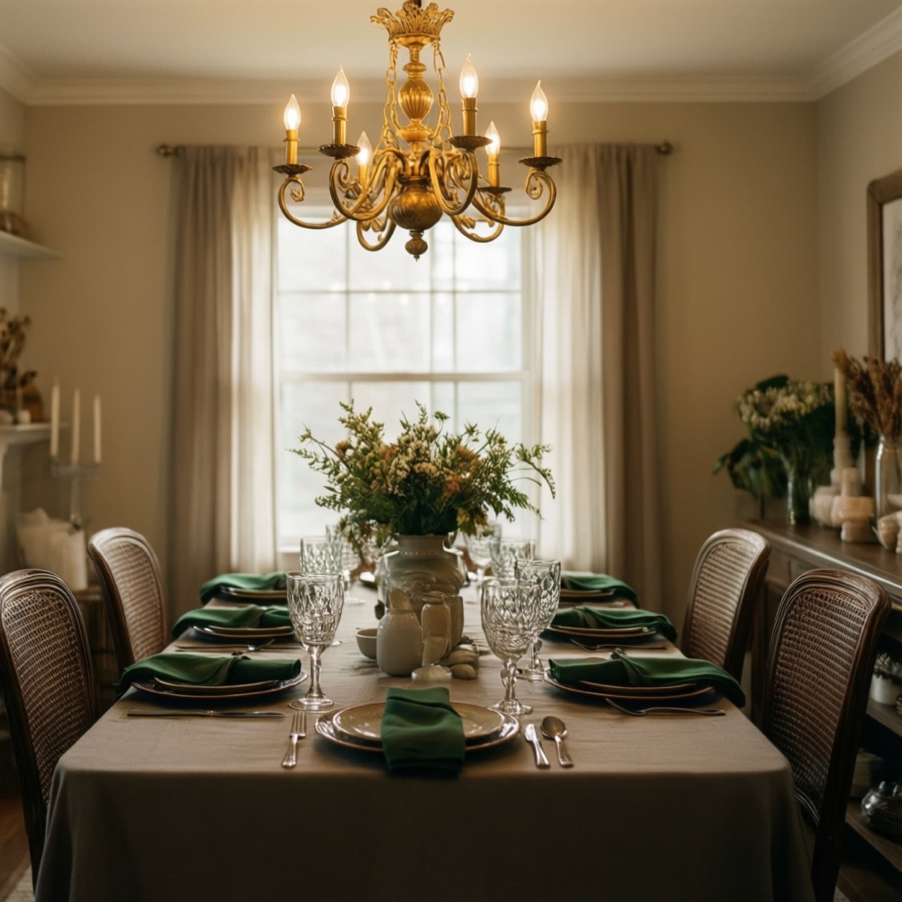 Staged dining room with brass chandelier